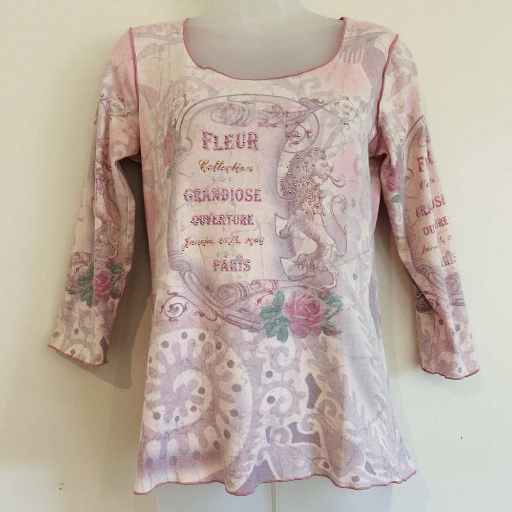 Y2K Energe Shirt Sz M Fairy Erethreal Whimsical Embellished Flower Rose Pink